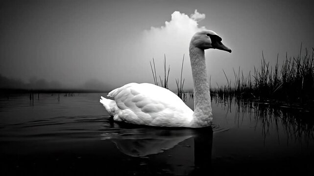 Graceful swan gliding across tranquil lake with reflections beneath atmospheric cloudy sky in black and white