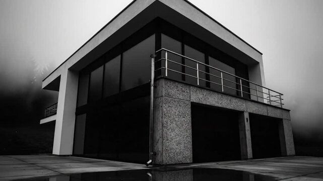 Black and white shot of a modern house exterior with glass windows, balcony, and misty atmosphere