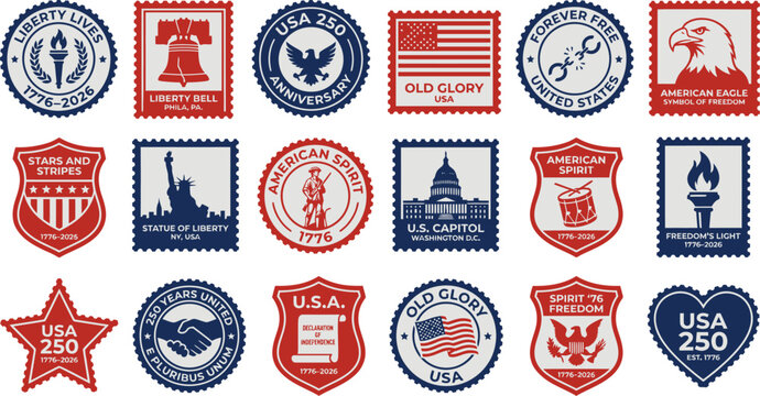 Vintage American Patriotic Stamp and Badge Collection for USA 250th Anniversary Independence Celebration Commemorative Design