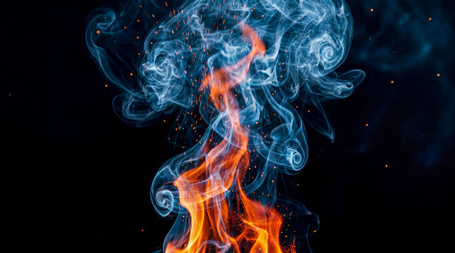 Vertical column of dynamic orange flames transitioning into ethereal grey smoke against a stark black background.