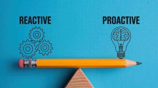 Reactive vs Proactive concept with pencil balancing gears and a brain lightbulb