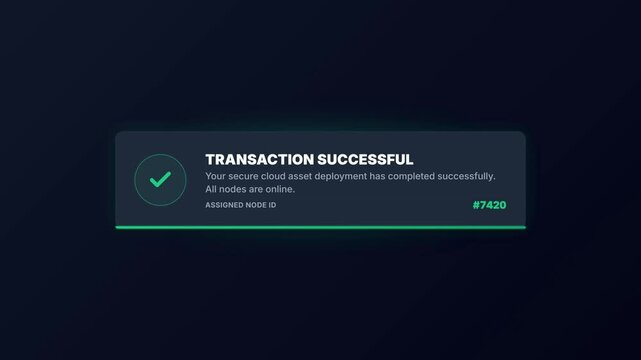 Successful transaction confirmation with checkmark and text on dark background.