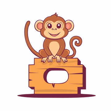 Cute cartoon monkey sitting on a wooden sign with speech bubble