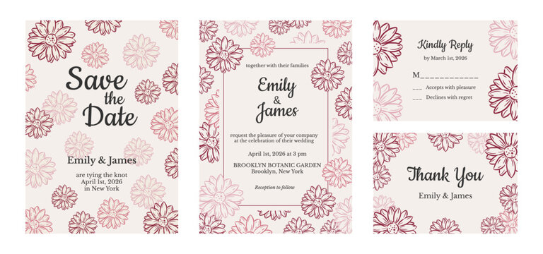 Elegant wedding invitation template set with deep pink gradient aster flowers and high contrast botanical line art using Cookie and Libre Baskerville fonts, creative maroon floral card layout.