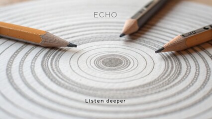 Minimalist black and white artistic illustration with pencils creating concentric circles on paper with the word 'ECHO' in the center and 'Listen deeper' tagline