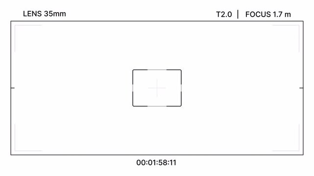 Cinematic camera overlay with lens, distance, timer, minimal frame for filmmaking. Lens focus frame modern style for cinematic recording overlay. Digital filmmaking camera interface sleek overlay. 4K