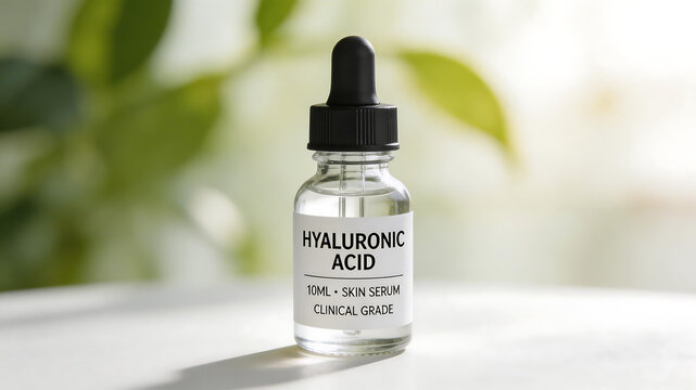 Hyaluronic acid skin serum bottle emphasizing compassionate care and recovery