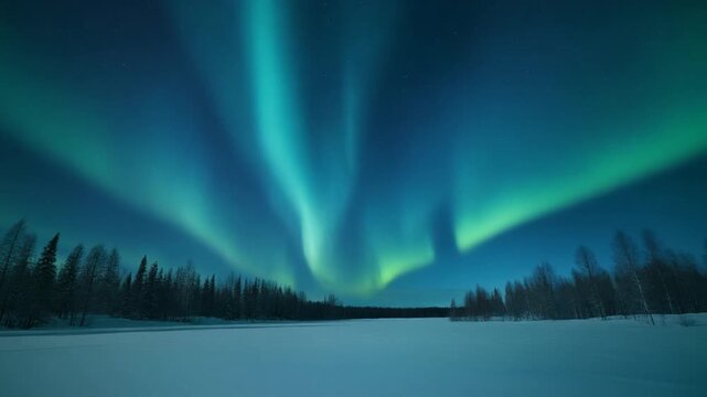 Massive aurora borealis over minimalist snowy landscape with cinematic polar night atmosphere