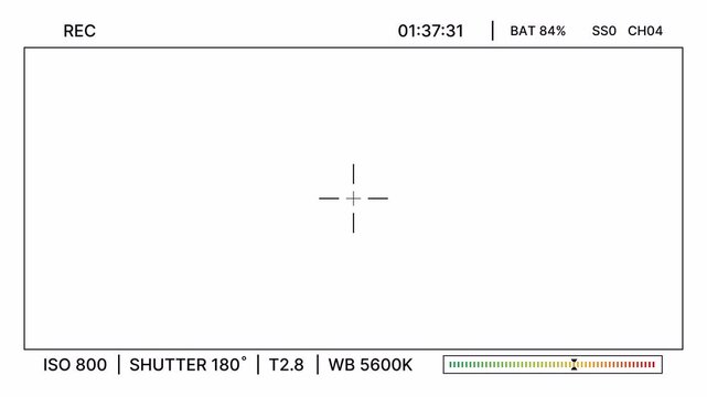 Camera viewfinder interface with rec, exposure, monitoring overlay for filmmaking. Digital recording screen with flat camera HUD for broadcast. Film recording interface with cinematic frame. 4K Video