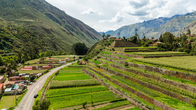 Aerial view of the terraces in the Sacred Valley of the Incas in Cusco, Peru