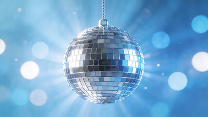 Fototapeta premium Shiny disco ball hanging against blue background highlighting geometric patterns and contemporary art