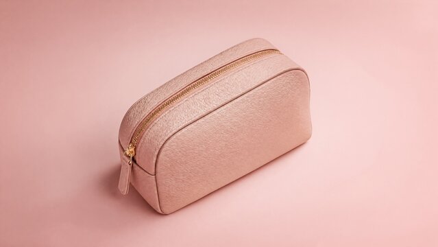 Make-up cosmetic bag on pink gradient surface in clean minimalist composition