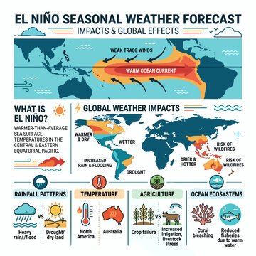 El Ni&ntilde;o seasonal weather forecast and global impacts infographic