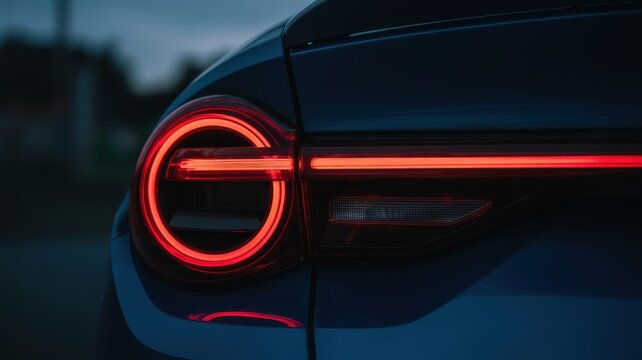 Close up of modern car red rear taillight at night