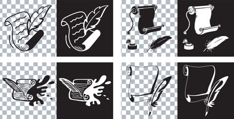 Obraz premium Vintage scroll and bird illustration set Vector, illustration