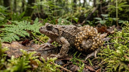 Obraz premium A toad sitting on a forest floor with green ferns and moss.