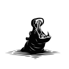 A striking black and white illustration of a hippopotamus with its mouth wide open, emerging from water. © ning