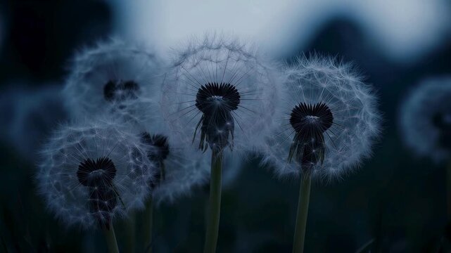 Giant translucent dandelion seed heads releasing glowing micro particles in synchronized elegant clouds