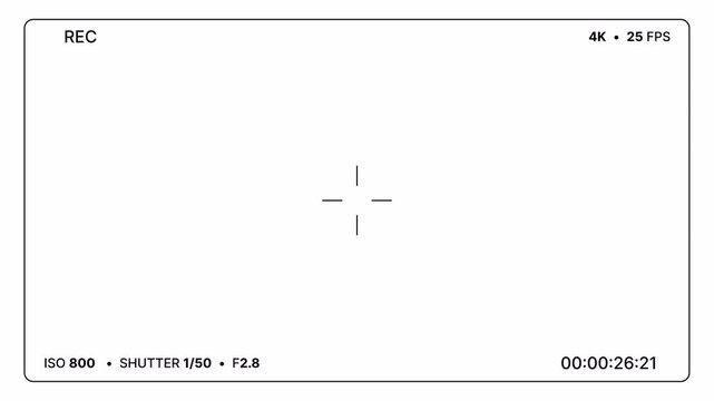 Minimal camera recording overlay with REC indicator, frame rate display, shutter settings, and timecode interface for filmmaking, streaming, broadcast, and video production. 4K Video
