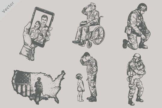 Vintage Child Saluting Soldier Father Vector Illustration in Retro Engraved Style for 4th of July Patriotic Military Family Honor and American Veteran Tribute Artwork