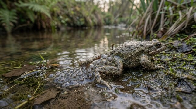 A toad sitting on a riverbank with a frog nearby.