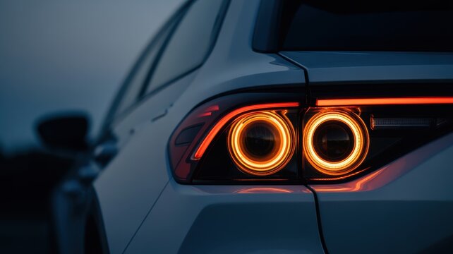 Close up of modern car tail light glowing at night with circular LED design