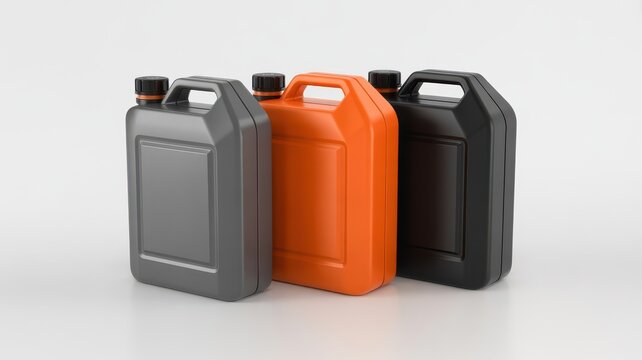 Three plastic fuel container and jerry can for gasoline isolated on white background