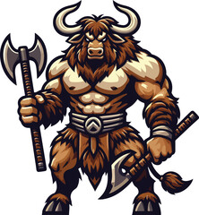 Fototapeta premium Aggressive Bull Monster Barbarian Mascot Flat Vector Character Design