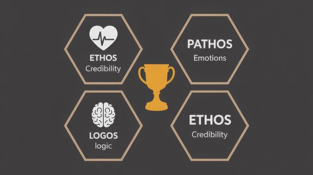 Infographic illustrating Ethos, Pathos, and Logos with a trophy, on a dark background