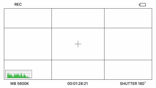 Cinematic camera recording screen overlay with framing grid, REC indicator, waveform monitor, battery icon, timecode display for filmmaking, streaming, broadcast and editing. 4K Video