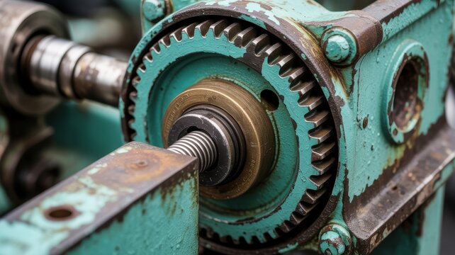 Close-up of old, rusty industrial machinery gears with turquoise paint and threaded rod in a workshop.