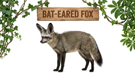 Fototapeta premium Alert Bat Eared Fox Standing Beneath Wooden Sign on White Background
