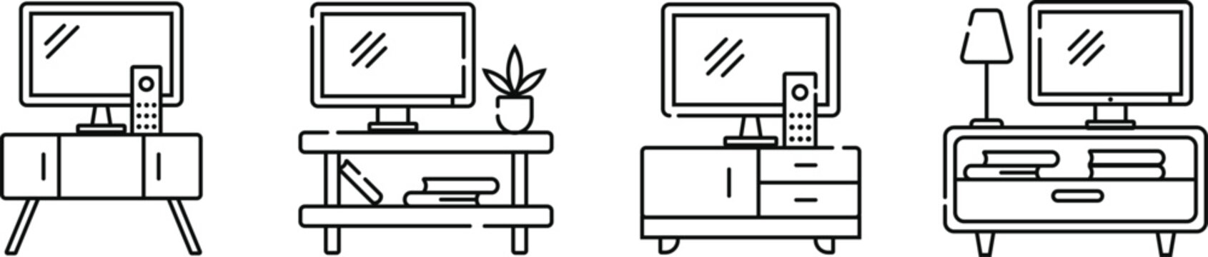 Hand Drawn TV Stand and Living Room Furniture Icons Set Vector Illustration, Modern Home Interior Line Art Collection