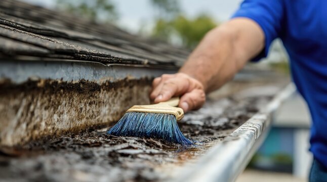 Gutter cleaning maintenance: worker uses brush to clear clogged roof debris and leaves