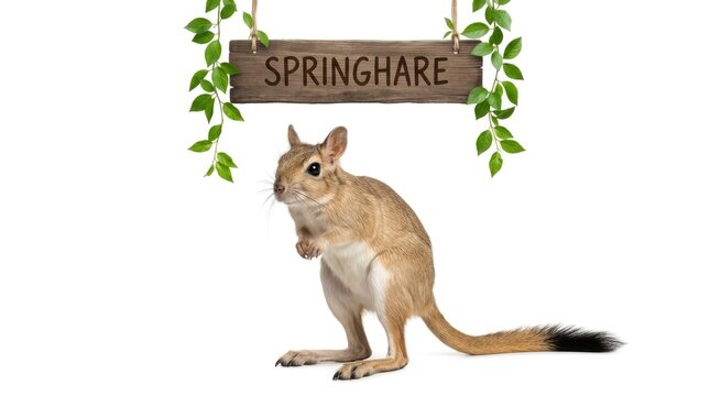 Curious Springhare Standing Beneath Wooden Sign with Green Vines on White Background
