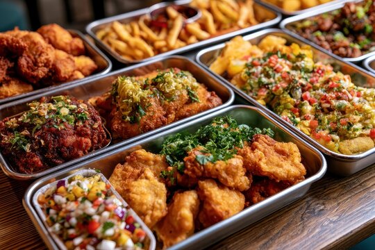 Crispy fried chicken pieces arranged in metal trays on a wooden table with fresh herbs in a sharp focus shot for fast food marketing and branding