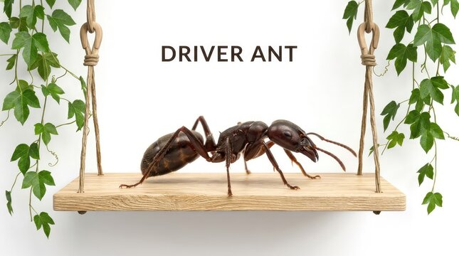 Large Brown Driver Ant Standing on Hanging Wooden Shelf with Green Vines