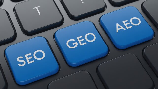 Computer keyboard with blue SEO, GEO, AEO keys for digital marketing and search engine optimization concepts.