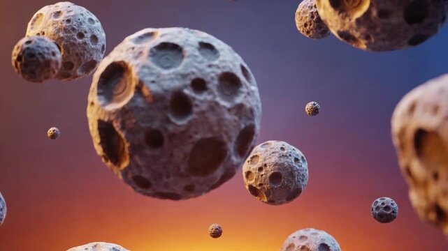 Asteroids drift through the dark reaches of outer space as they orbit a distant planet under the soft glow of a far-off sun.
