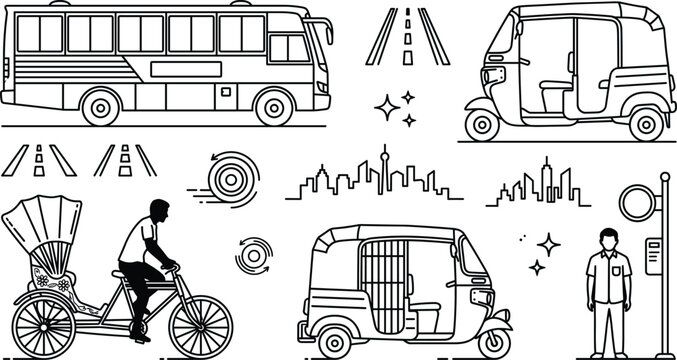 Asian Urban Public Transport Line Icon Set with Bus Auto Rickshaw Tuk Tuk and Cycle Rickshaw Vector Graphic