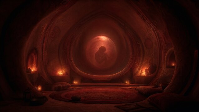 A dimly lit chamber in crimson and amber tones with a soft central silhouette.