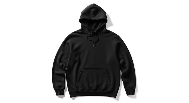 Black hoodie with hood up on plain surface