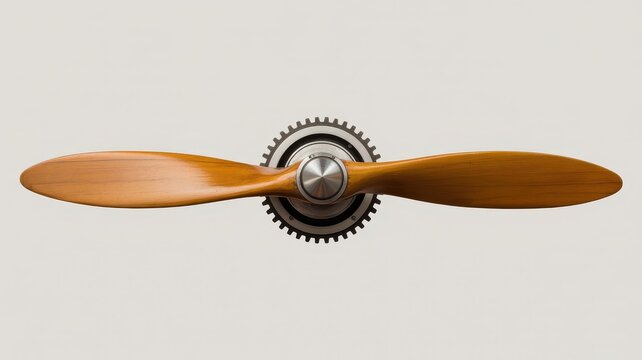 Wooden propeller with a metal gear assembly isolated on white background