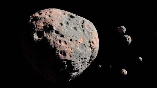 Asteroid with Moonlets Orbiting in Deep Space Animation