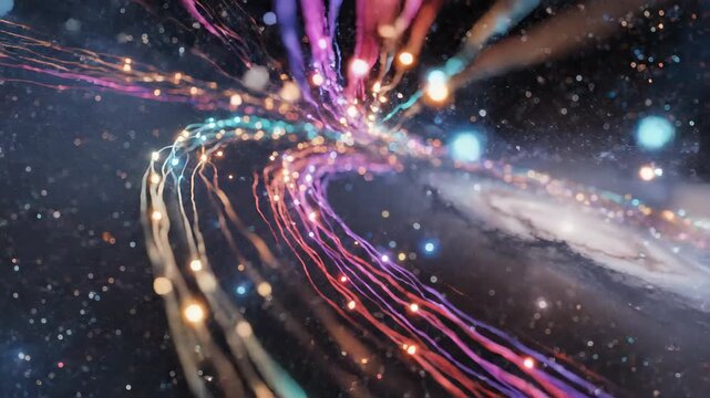 Cosmic explosion with vibrant threads and sparkling bokeh