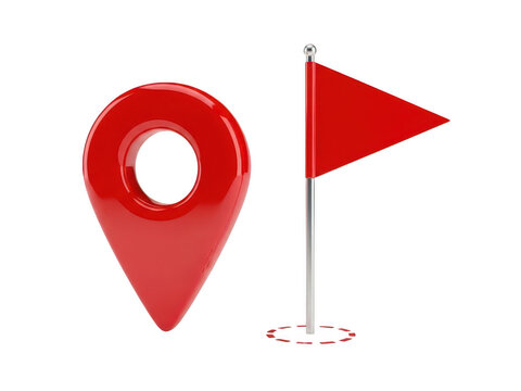Red map marker and flag icons isolated on transparent background