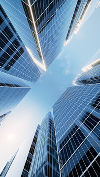 3D rendering of skyscrapers viewed from low-angle perspective against blue sky. Symbolizing ambition, corporate success and metropolitan growth. Ideal for real estate marketing, business backgrounds.