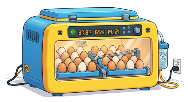 Modern automatic egg incubator machine with digital display full of eggs cartoon illustration