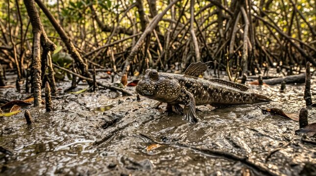 A mudskipper fish in a mangrove forest, with mangrove roots and mud in the background.