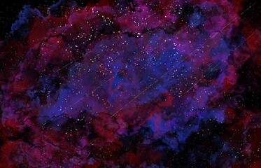 Abstract Space Watercolor Nebula Background with Blue Red Purple Dust Clouds and Stars © Alihasan